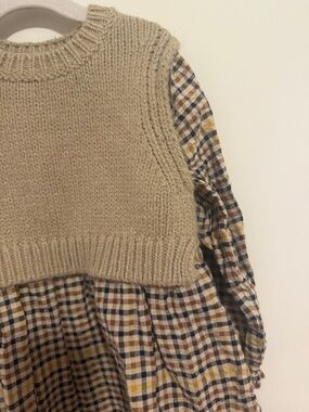 Zara Kids Cropped Beige Knit Vest Over Plaid Dress - Cream, Navy & Mustard